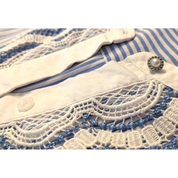 Authentic KARL LAGERFELD PARIS Blue Striped Cotton Blouse w/ Lace Sleeves Size S - Picture 2 of 8